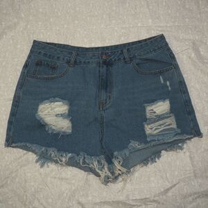 SHEIN 1XL High Waist Distressed Denim Cutoff Shorts Light Wash Y2K